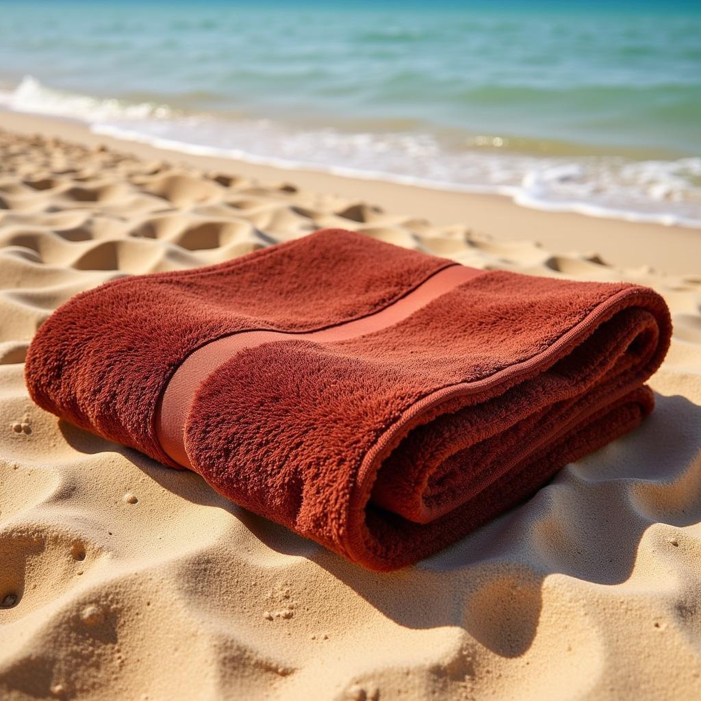 Deep Auburn Beach Towel on Sandy Beach