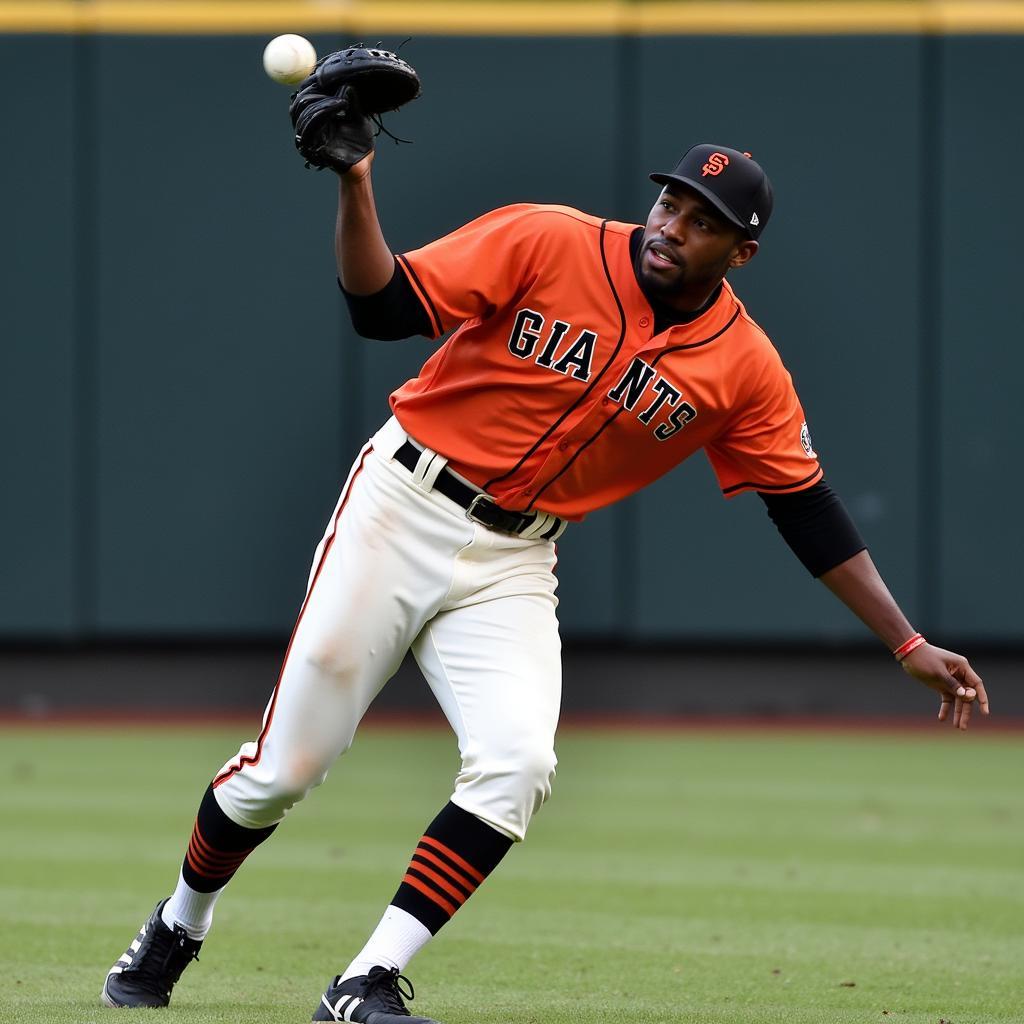 Deion Sanders in action wearing his SF Giants jersey