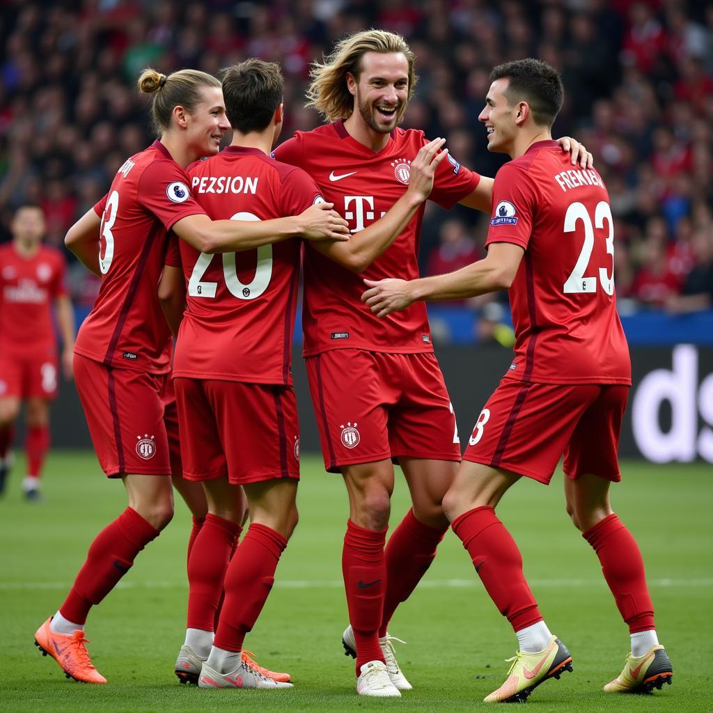 Frenkie de Jong celebrating a goal with his teammates