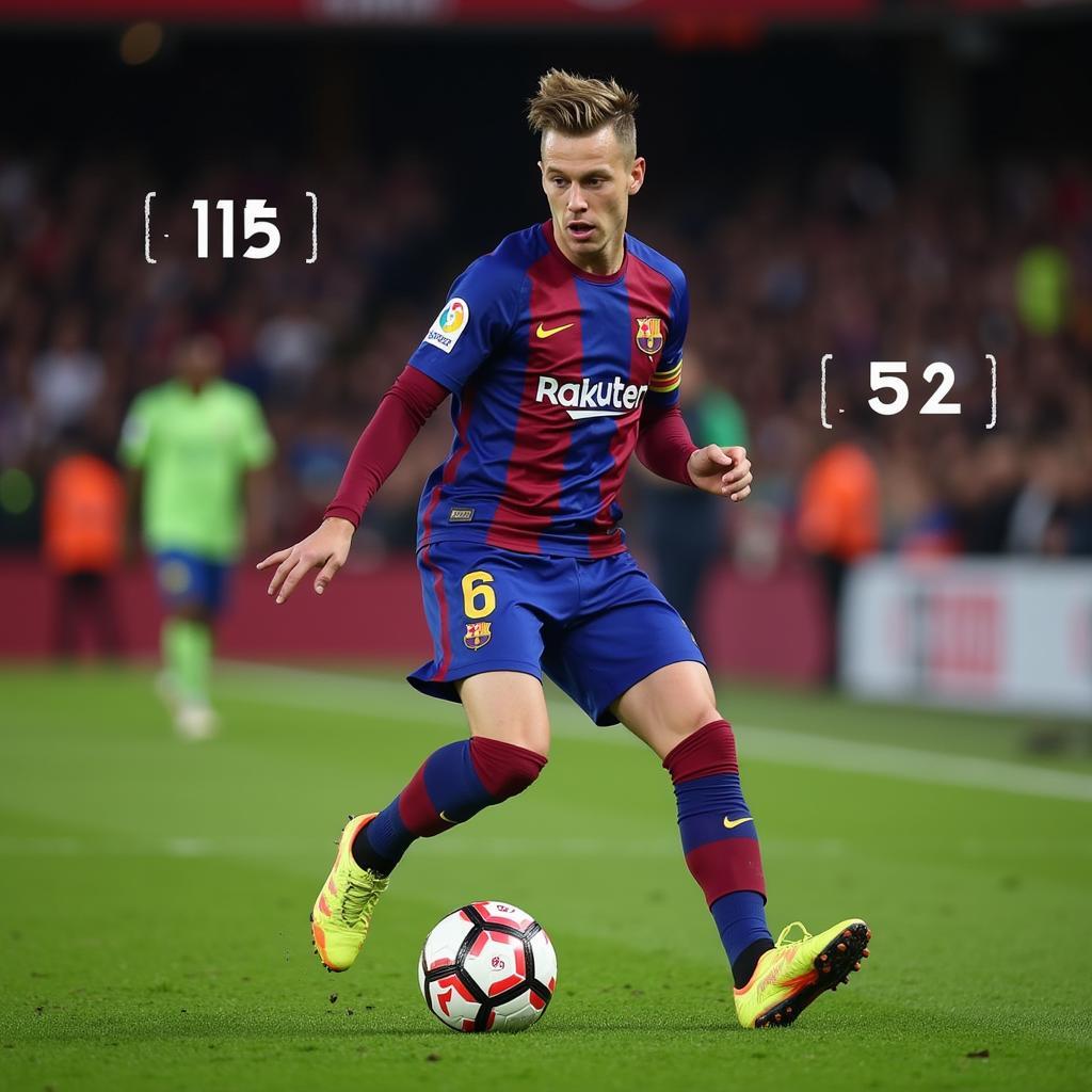 Frenkie de Jong controlling the ball in midfield with the numbers 115 52 superimposed