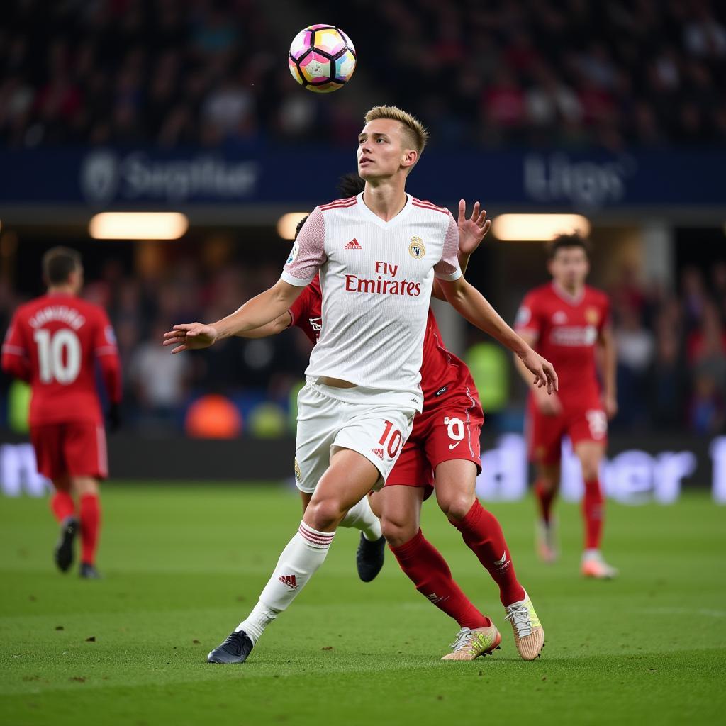 Frenkie de Jong controlling the midfield with precise passing and intelligent positioning.