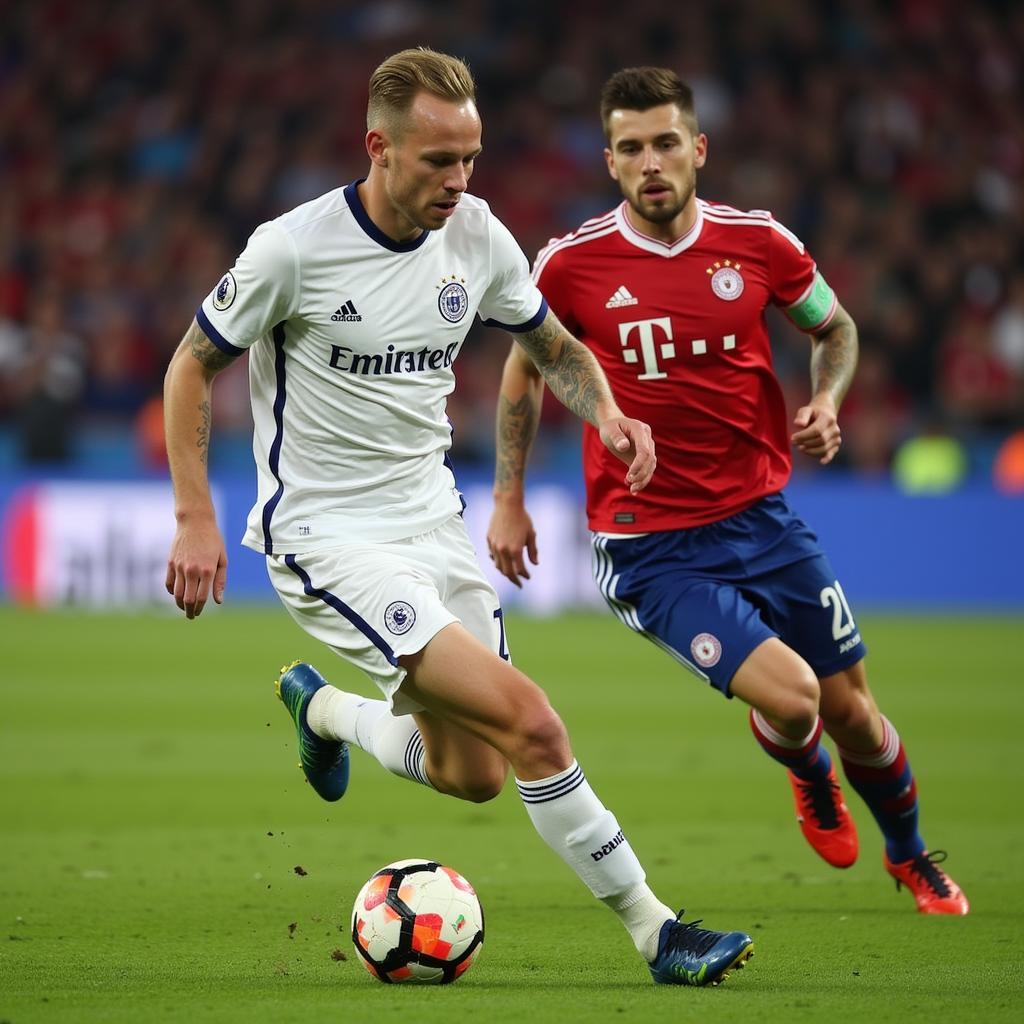 Frenkie de Jong driving forward with the ball, demonstrating his leadership and influence on the game.