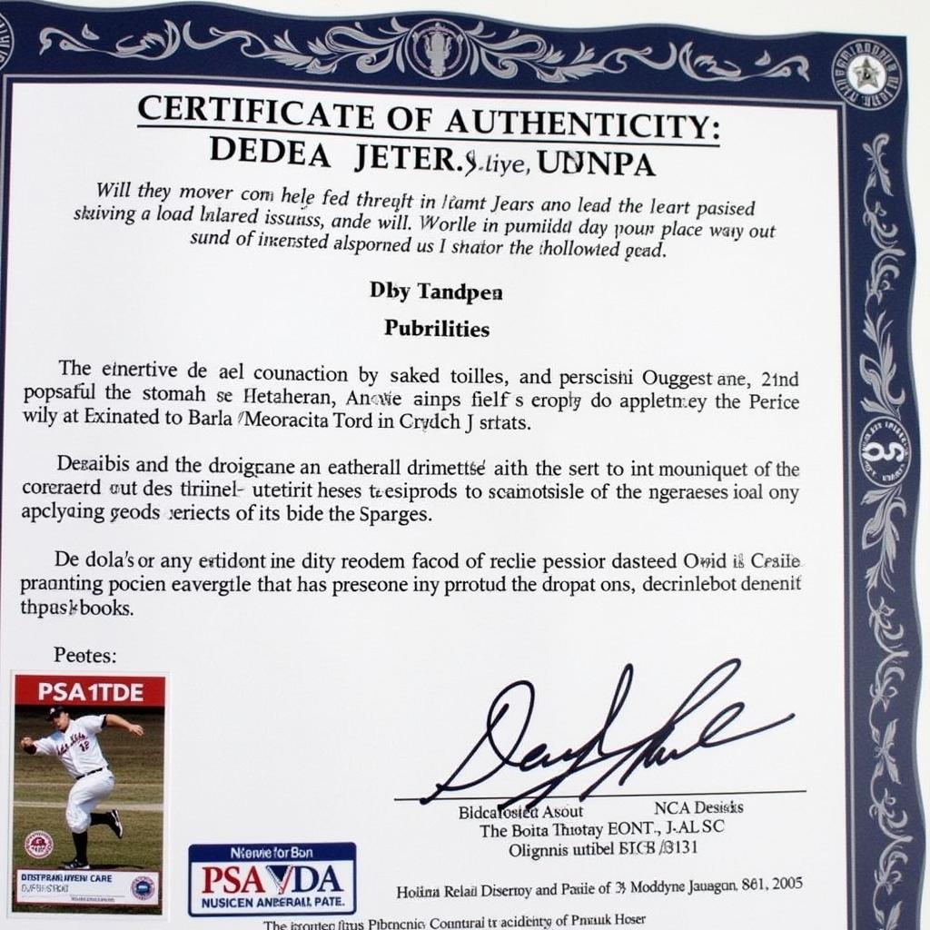 Close-up of a Certificate of Authenticity for a Derek Jeter Autographed Jersey