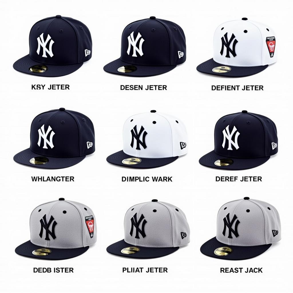 A collection of various Derek Jeter New York Yankees hats, including fitted, snapback, and special edition versions.