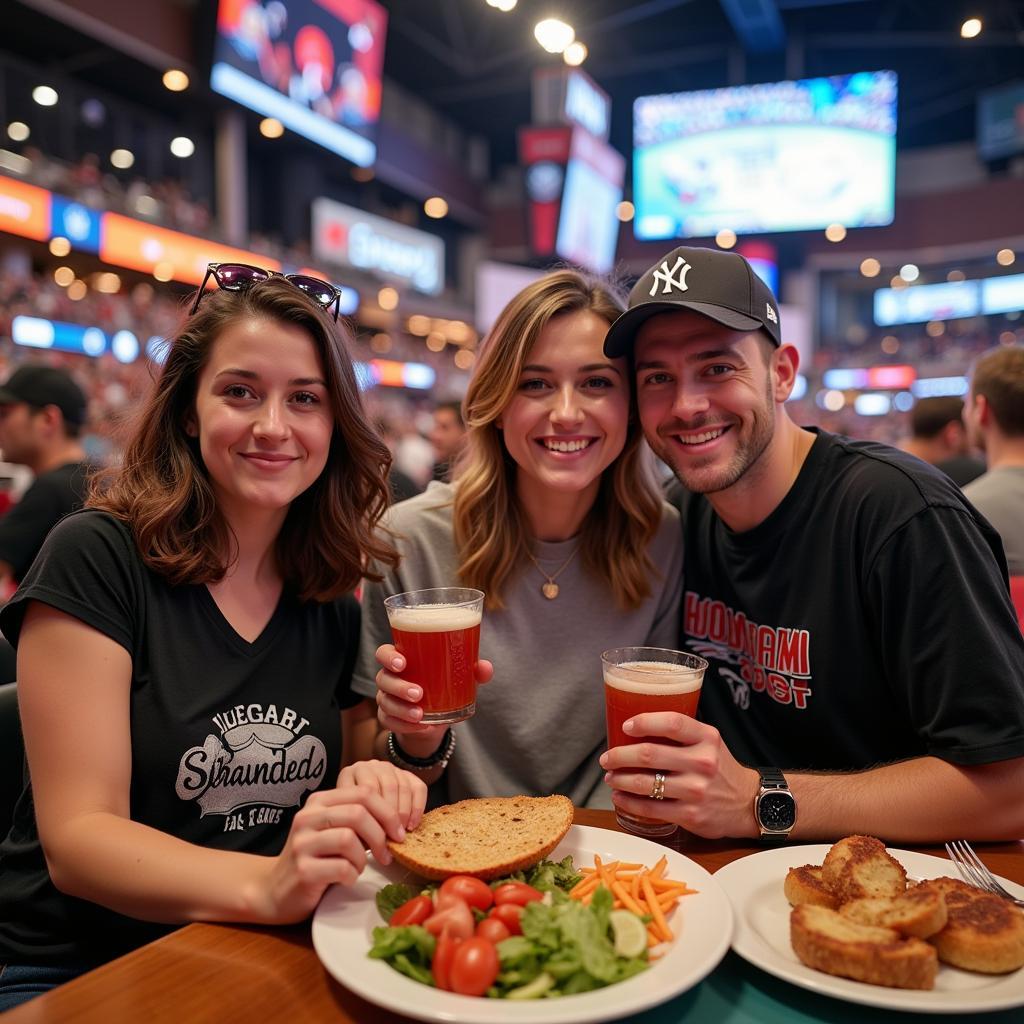 Desert Classic Las Vegas Baseball Fans: Fans enjoying the Desert Classic baseball game in Las Vegas with food and drinks, cheering for their teams.