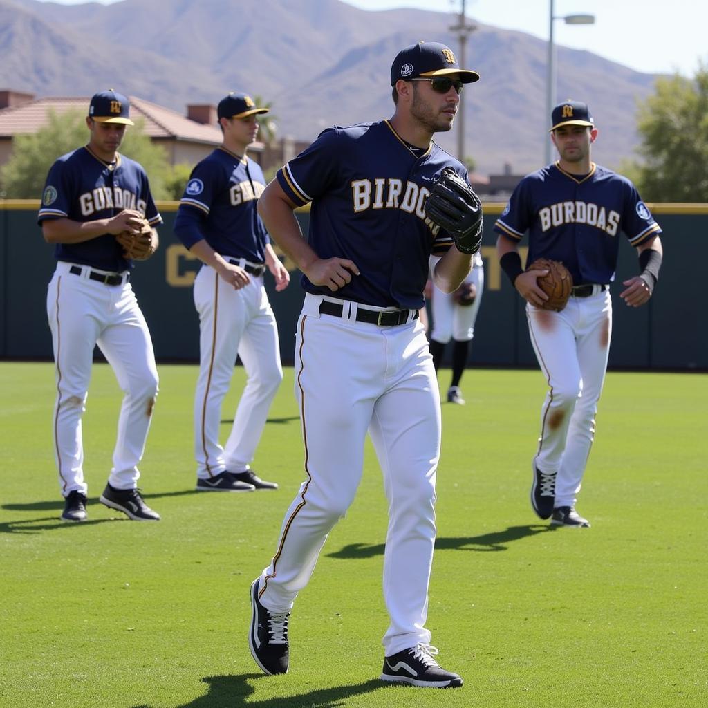 Desert Classic Las Vegas Baseball Players: College baseball players warming up on the field before a game at the Desert Classic in Las Vegas.