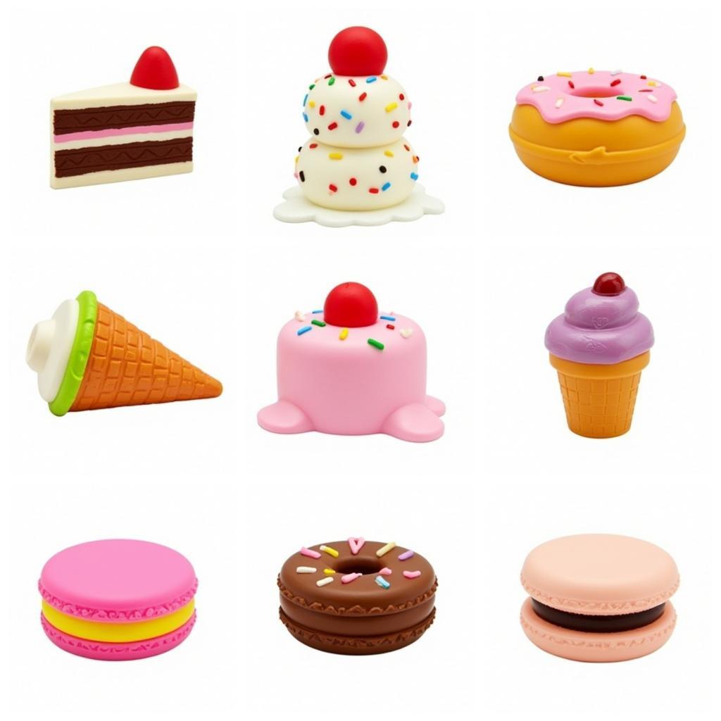 A variety of dessert squishies including cakes, donuts, and ice cream.