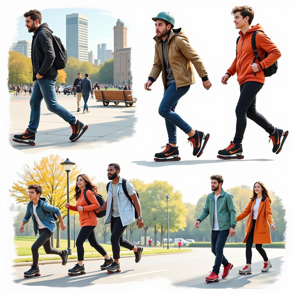 People Using Detachable Skates Shoes in an Urban Setting