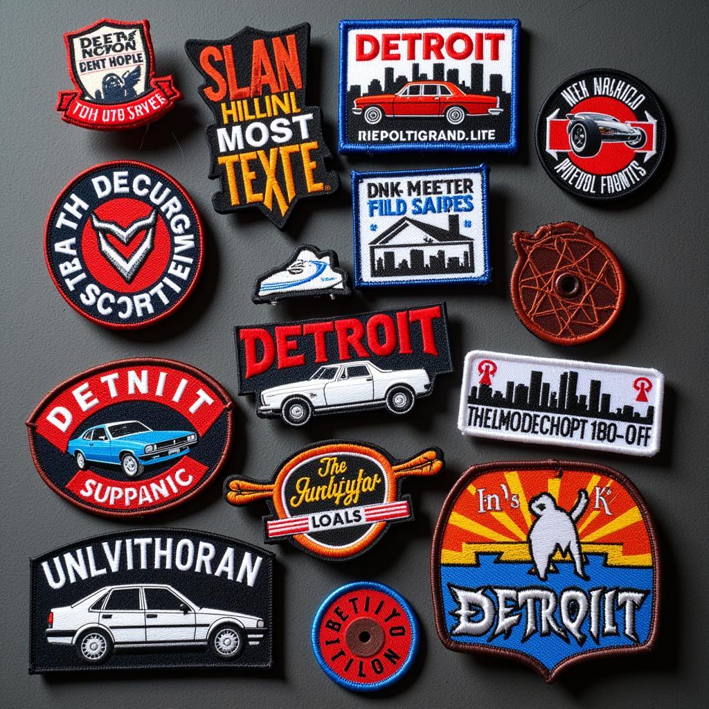 Variety of Detroit Iron on Patches Displayed