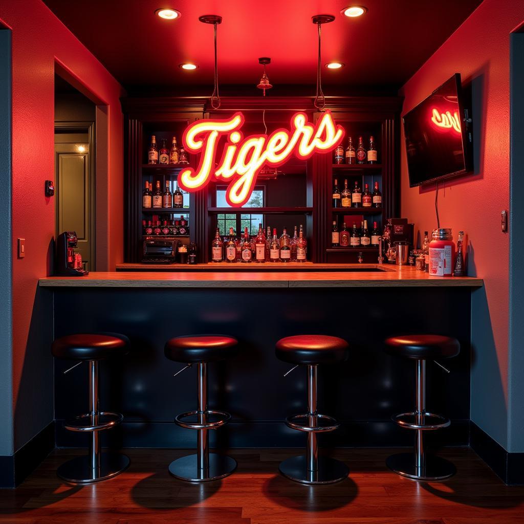 Detroit Tigers Neon Sign in a Home Bar