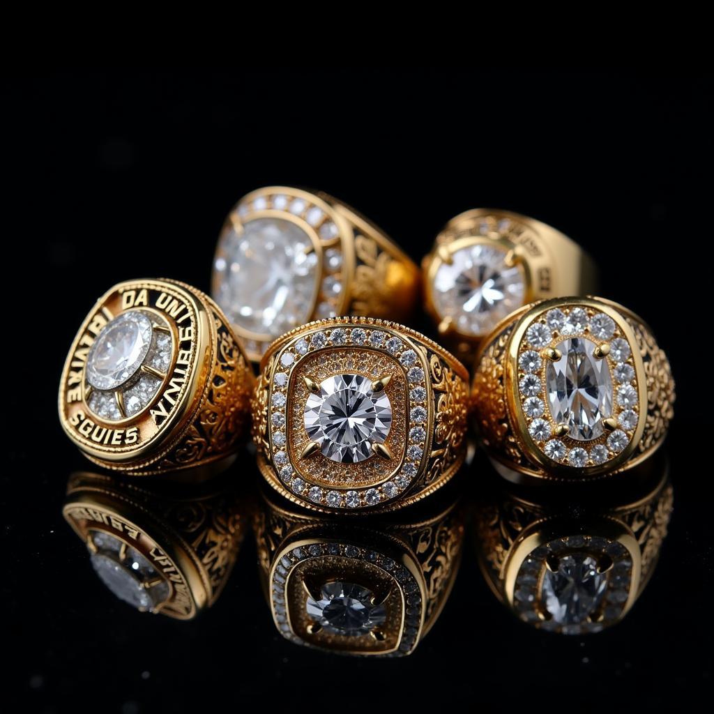 Close-up view of diamond championship rings showcasing intricate detail and sparkling diamonds