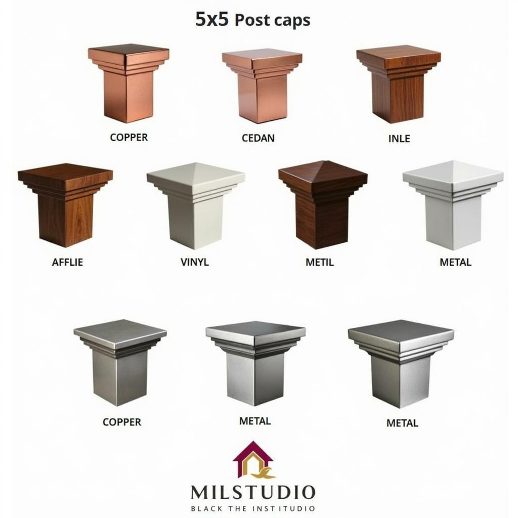 Various 5x5 post cap materials like copper, cedar, vinyl, and metal displayed with different designs, from simple to ornate.