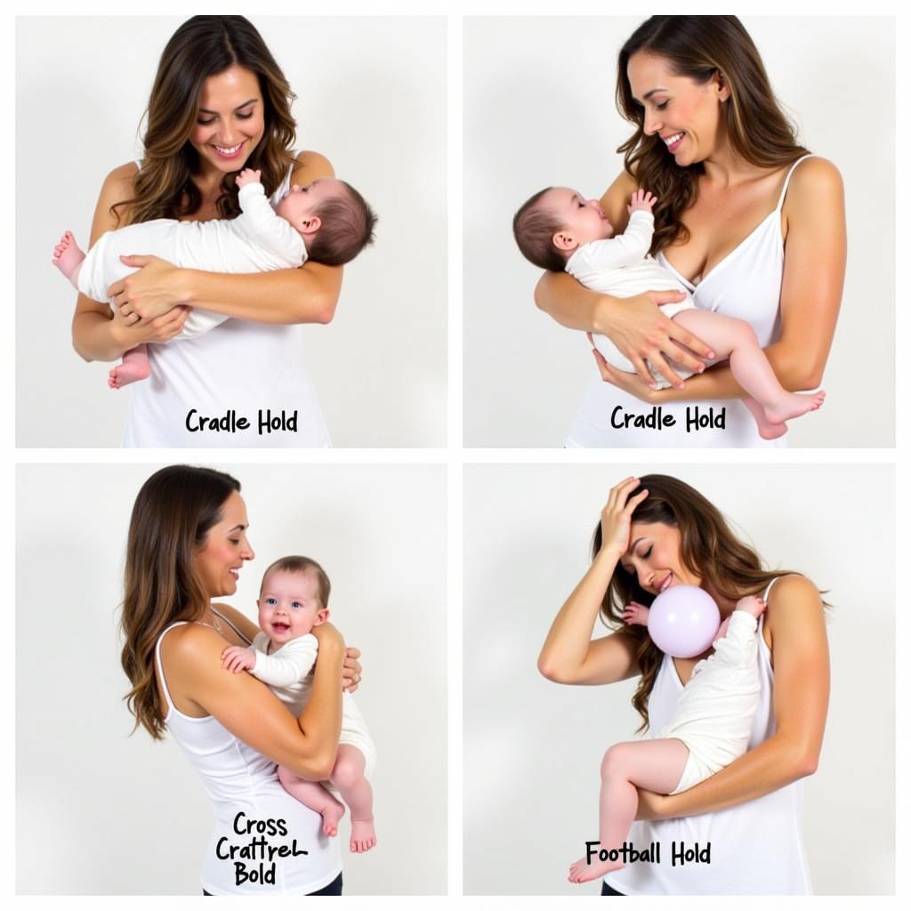 Various breastfeeding positions using a breastfeeding ball for optimal comfort and support.