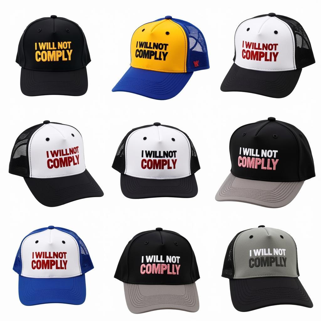 Variety of i will not comply hats with different designs