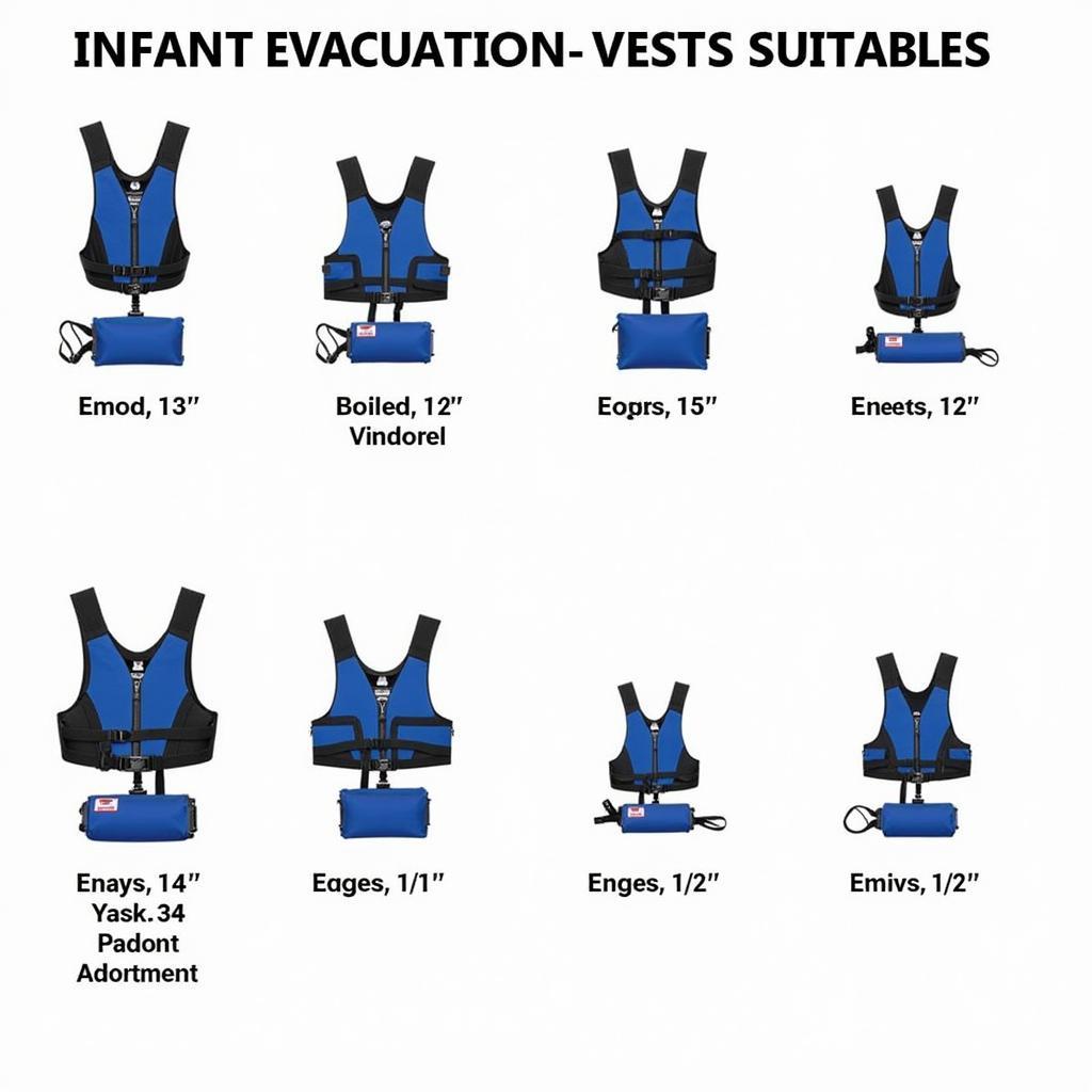 Different models of infant evacuation vests, showcasing variety in size and features.