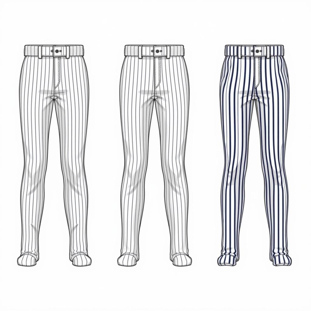 Different pinstripe variations on youth baseball pants