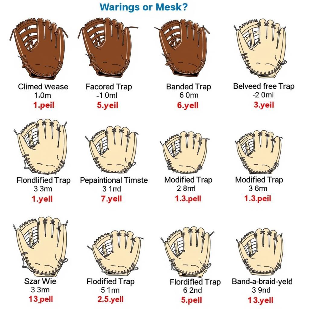 Various pitching gloves showcasing different webbing styles and sizes.