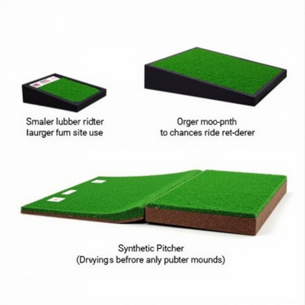 Various portable pitching mounds showcasing different sizes and materials like rubber and synthetic turf.