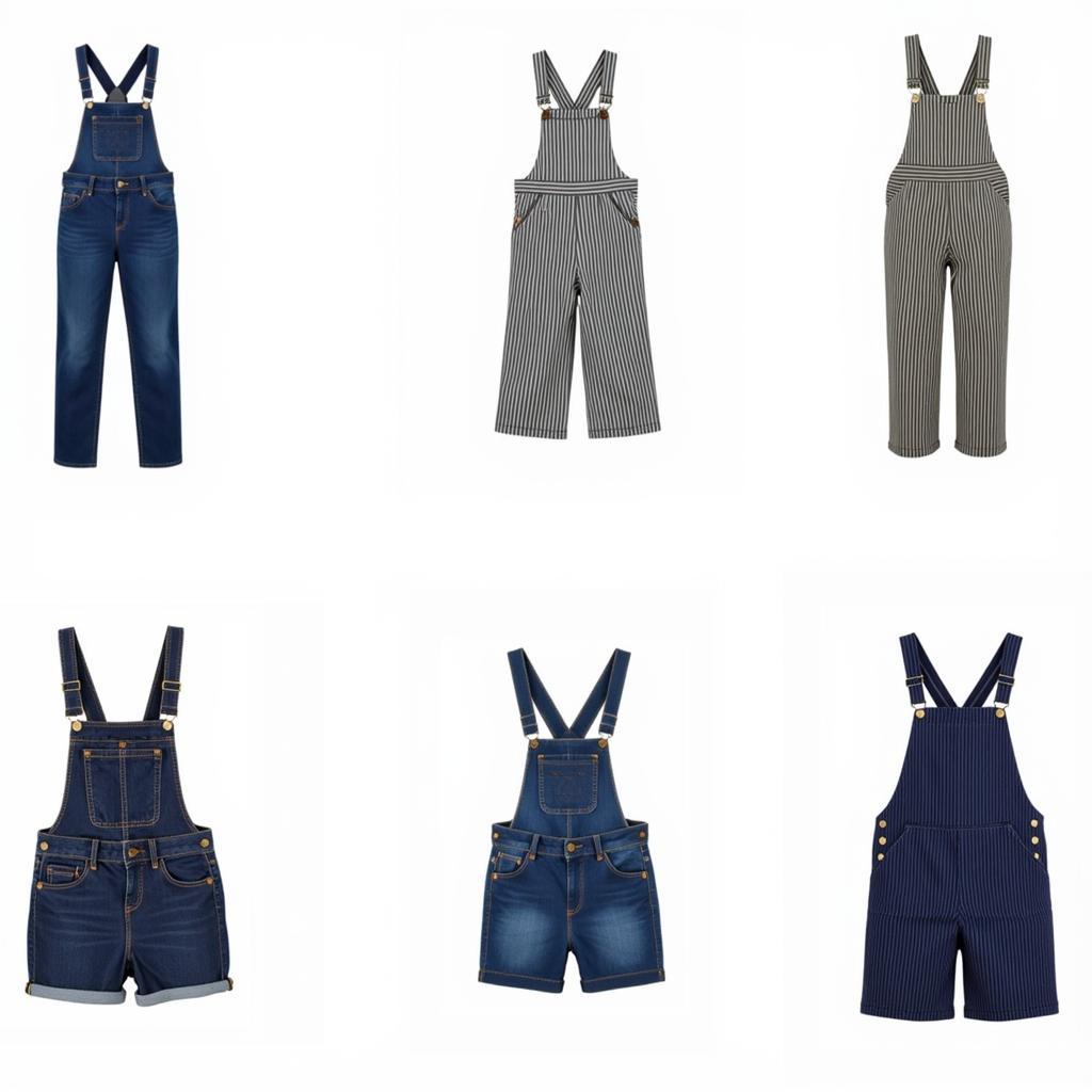 Various styles of blue and yellow striped overalls, including different fits and stripe widths.