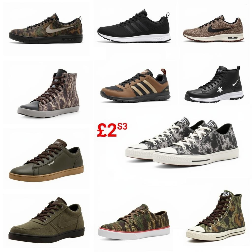 Different styles of camo baseball shoes showcasing variations in cut, height, and camouflage patterns