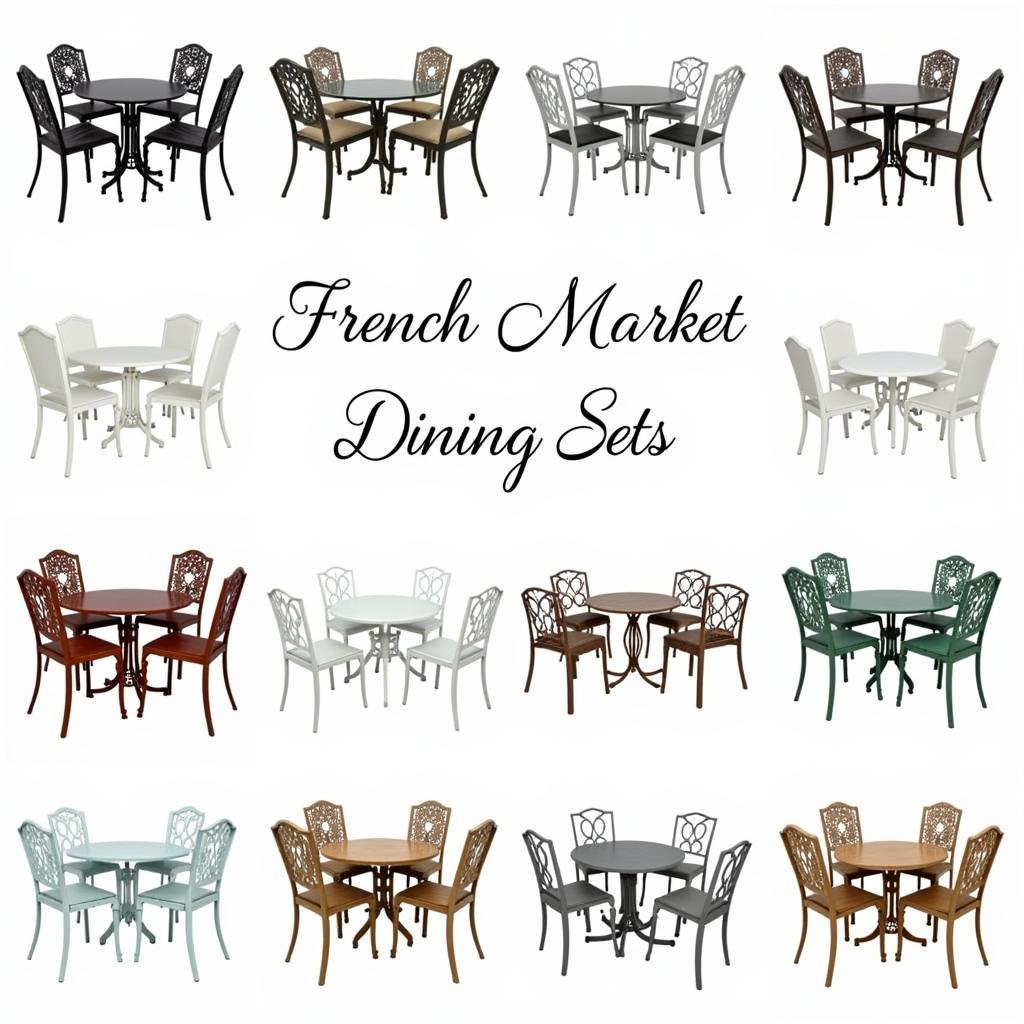 Different styles of French market dining sets showcasing various materials and sizes