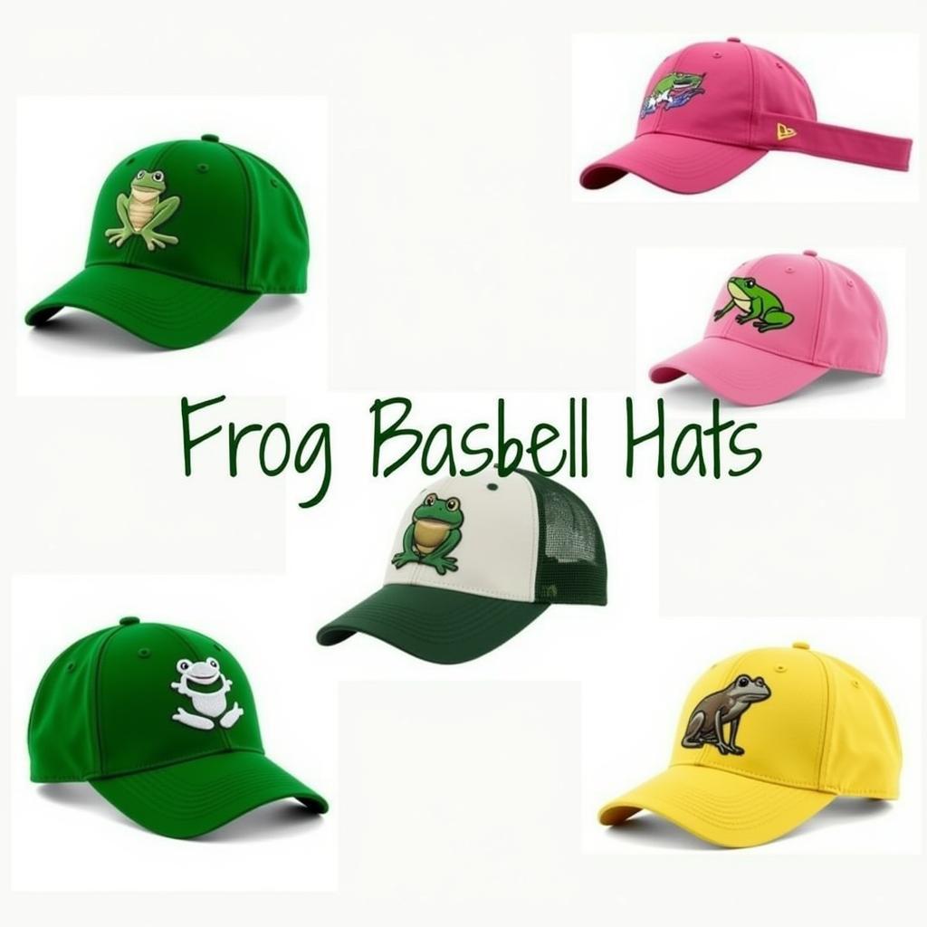 A variety of frog baseball hats, showcasing different styles, colors, and frog designs.