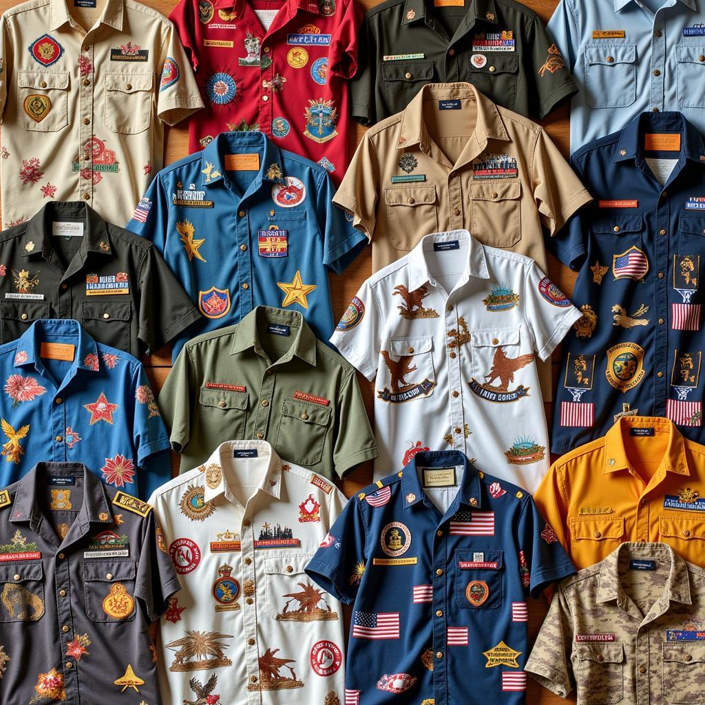 Variety of veteran Hawaiian shirts showcasing different designs and eras