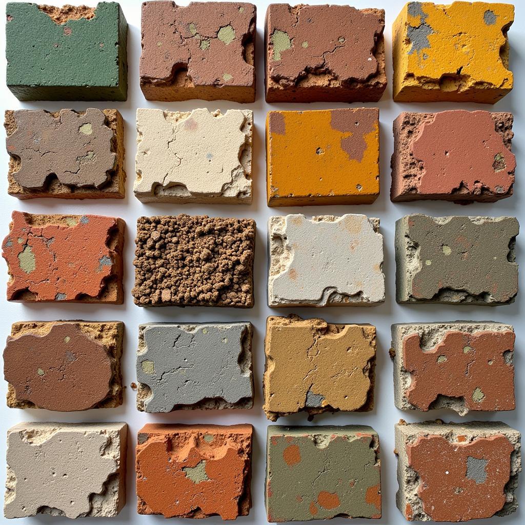 Different Types of Bio Bricks: A variety of bio bricks made from various agricultural waste and displaying various textures and colors.