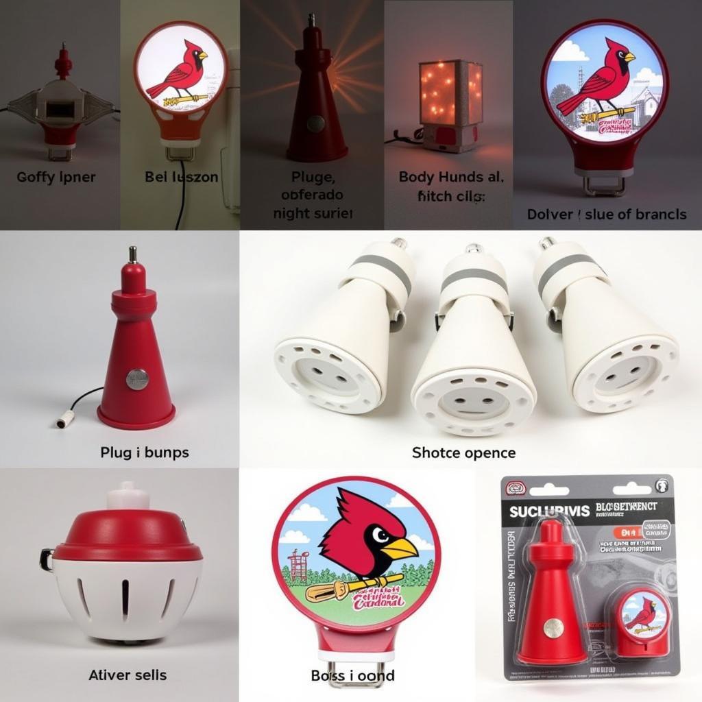 Different types of cardinal nightlights showcasing variations in size and power sources like plug-in, battery-operated and projector styles.