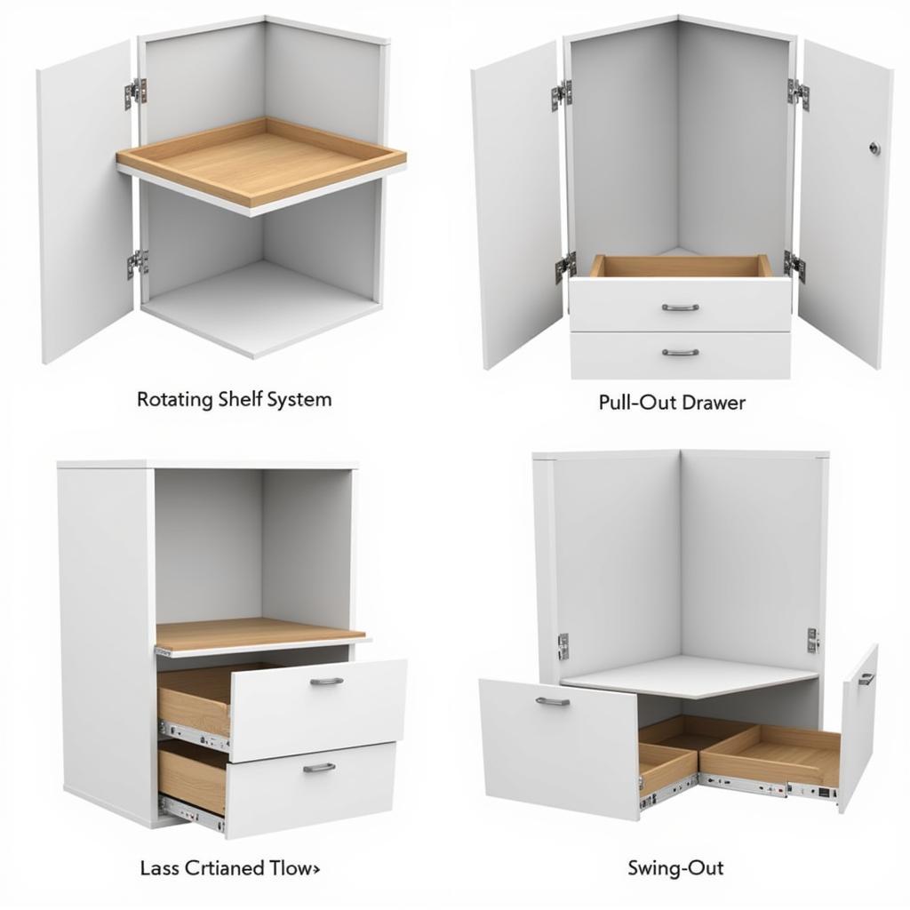 Different Corner Cabinet Mechanisms: Rotating shelves, pull-out drawers, and swing-out systems