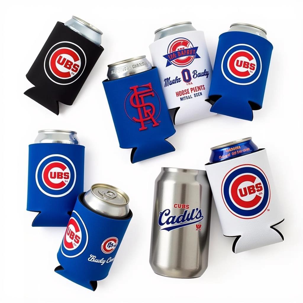 Various Cubs can koozies, showcasing different materials, designs and sizes.