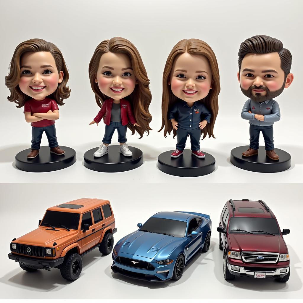 A display of various custom car bobbleheads, including classic cars, muscle cars, sports cars, trucks, and SUVs, highlighting the diversity of options available.