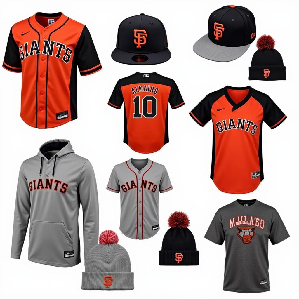 Various types of Giants apparel including jerseys, hats, and hoodies