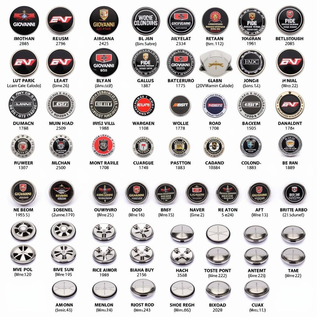 Display showcasing a variety of giovanni center caps with different designs, sizes, and finishes.