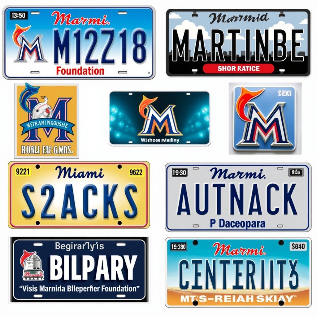 Variety of Miami Marlins license plates showing different designs.