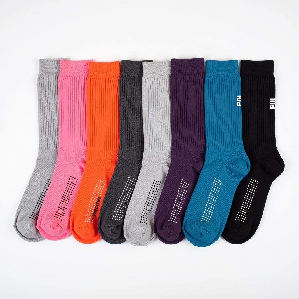 Variety of mat socks with different colors, lengths, and grip patterns