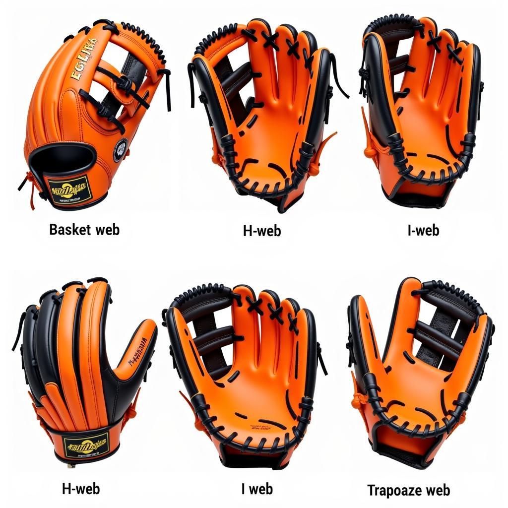 Different Web Patterns on Orange and Black Baseball Gloves