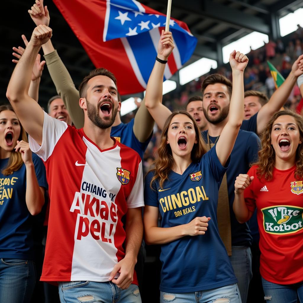 Fans celebrating a goal in dinger shirts