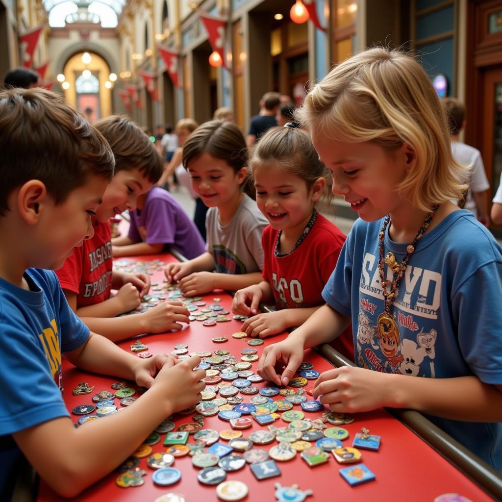 Disney fans trading pins at a designated pin trading board in a Disney park