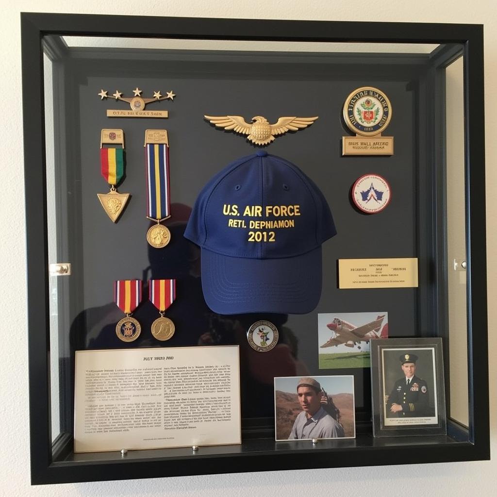 Display Case with US Air Force Retired Ball Cap and Memorabilia