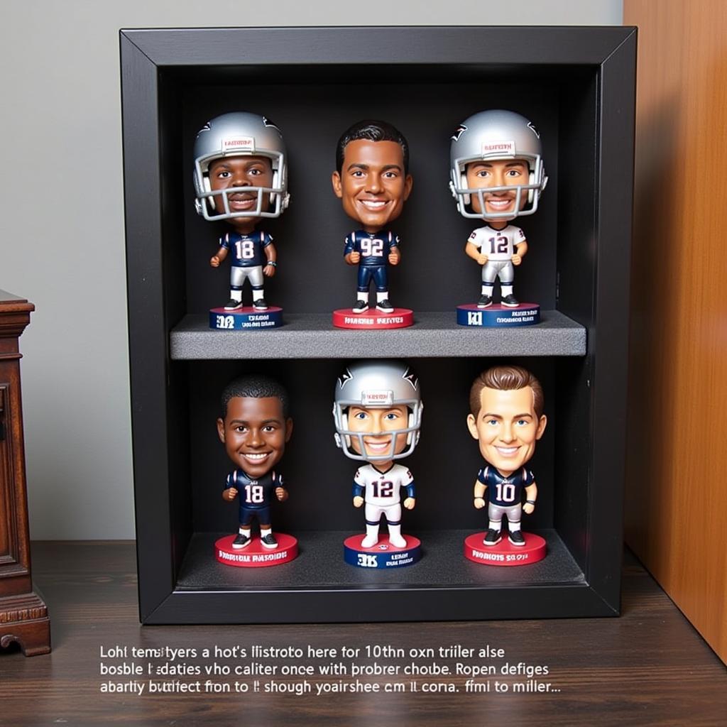 A collection of Patriots bobbleheads displayed in a protective case.