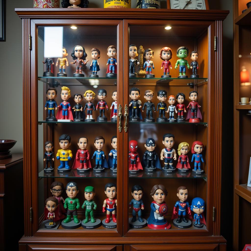 Superhero Bobbleheads Displayed in a Glass Cabinet