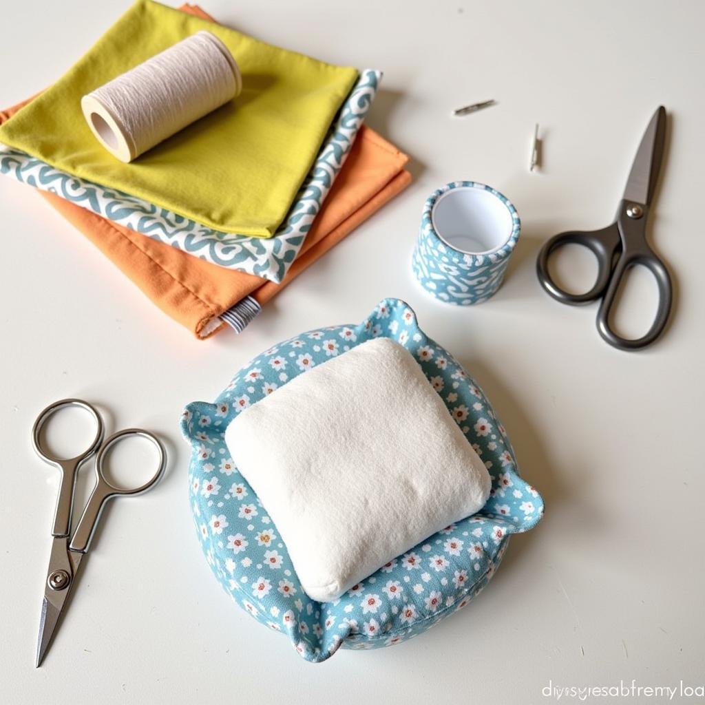 DIY Mini Cushion Project:  Materials and finished product.