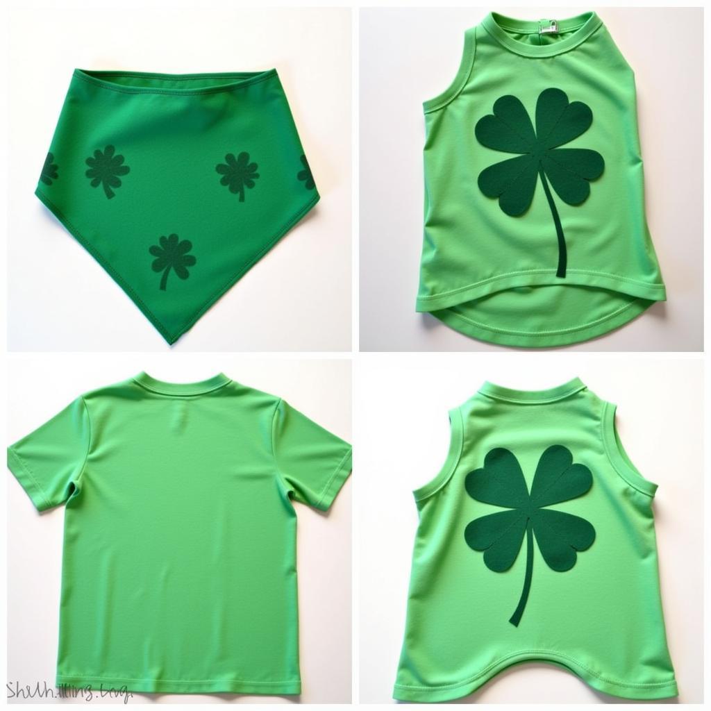 DIY St. Patrick's Day dog costumes: Examples of handmade dog outfits, including a bandana and a shirt with felt shamrocks.