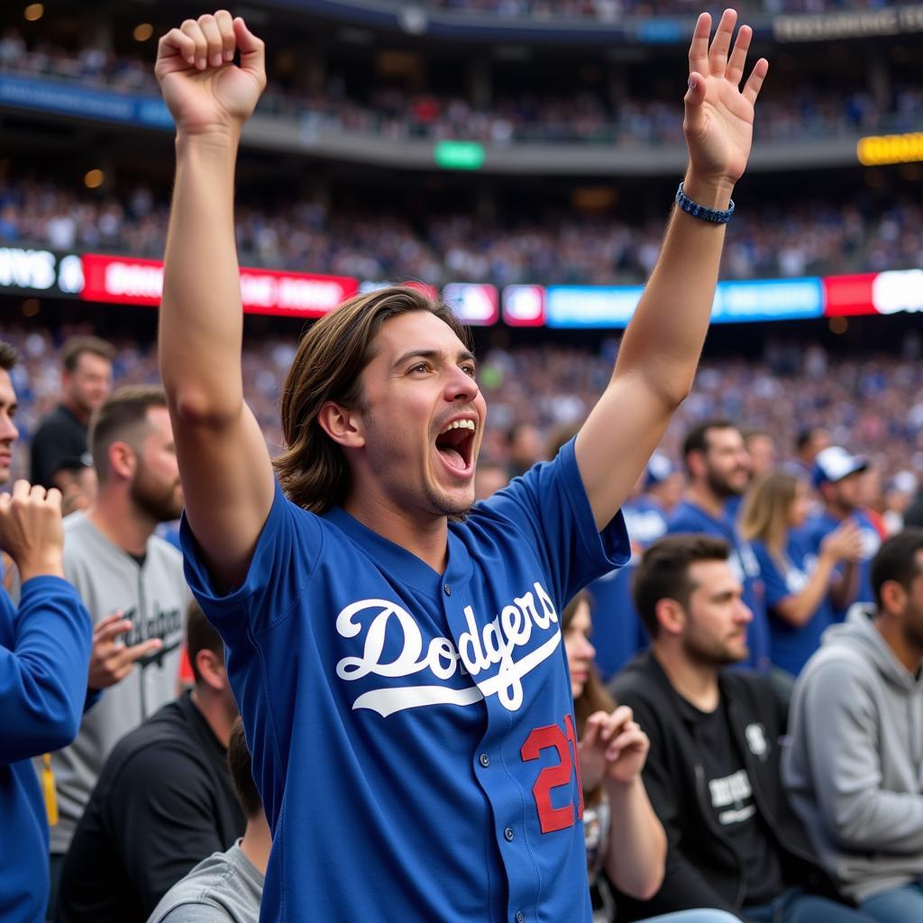 A fan wearing a Dodgers camo jersey at a baseball game, cheering enthusiastically.