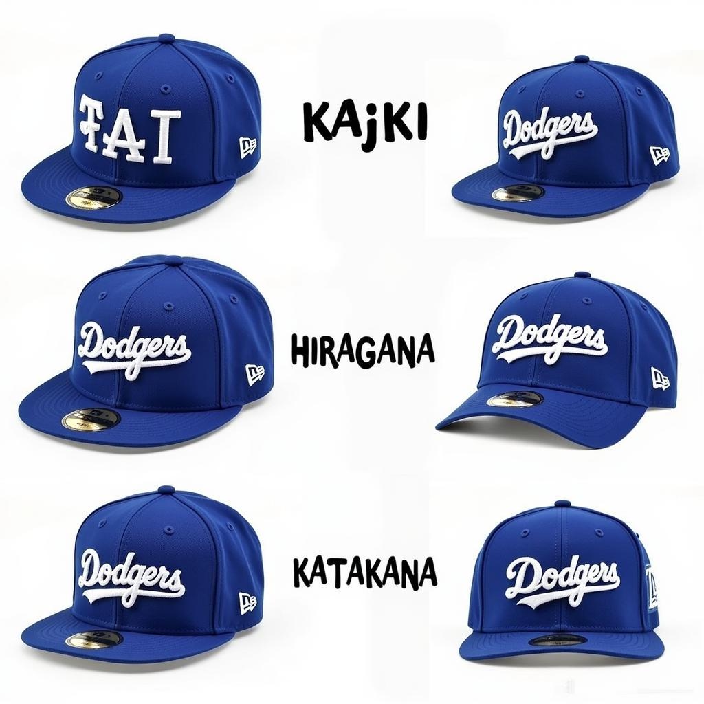 Different styles of Japanese script on Dodgers hats: kanji, hiragana, and katakana.