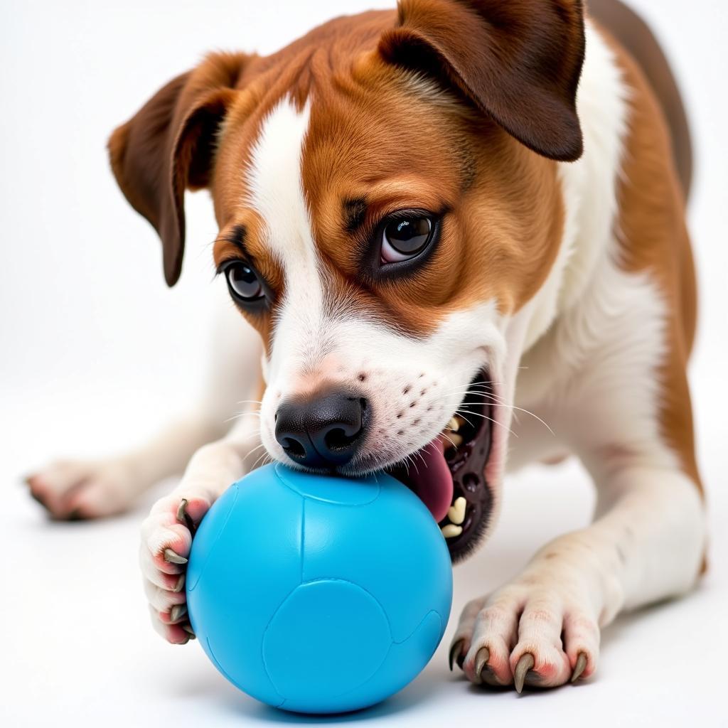 Dog chewing a blue squeaky dog ball