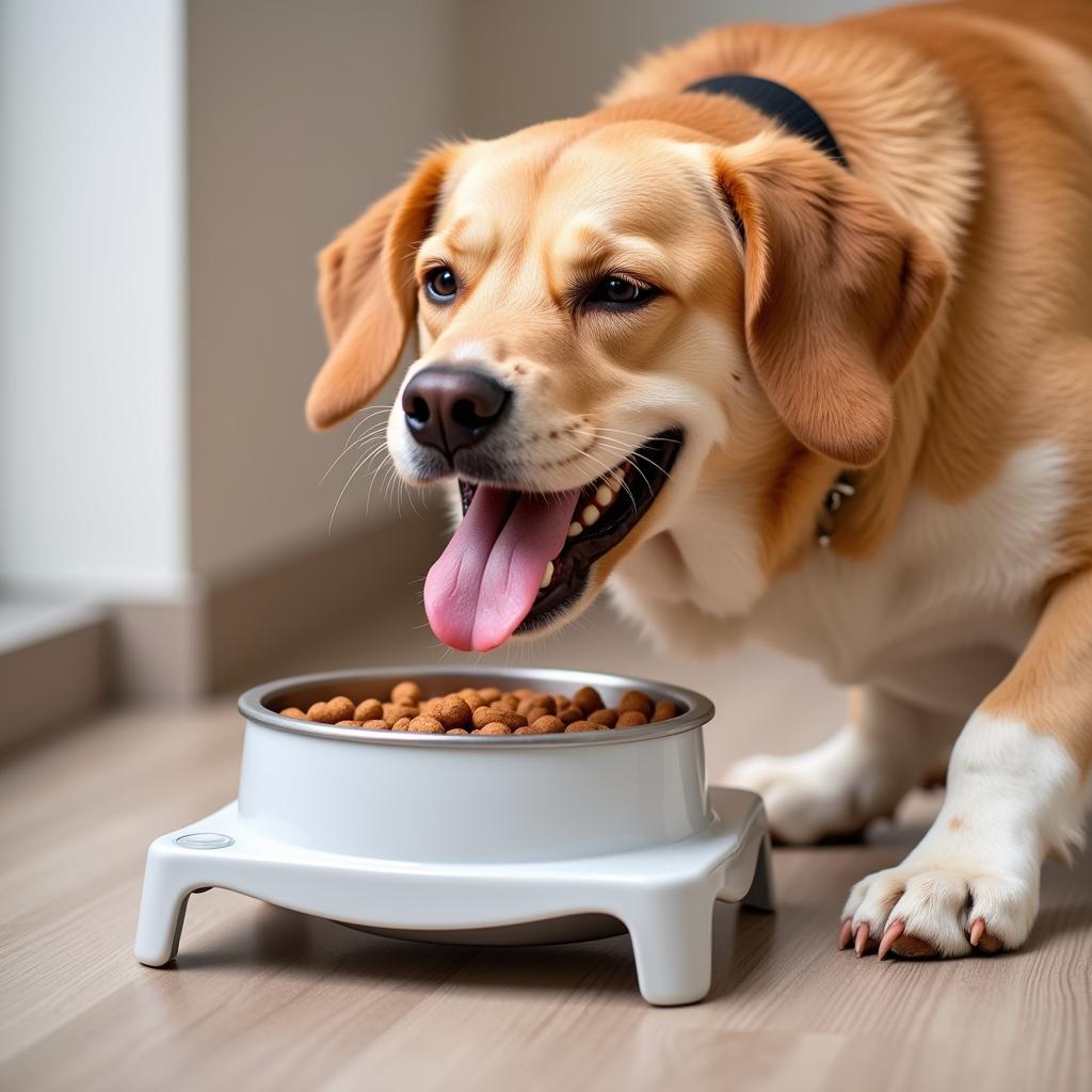 A happy dog enjoying a meal from a single elevated dog food bowl