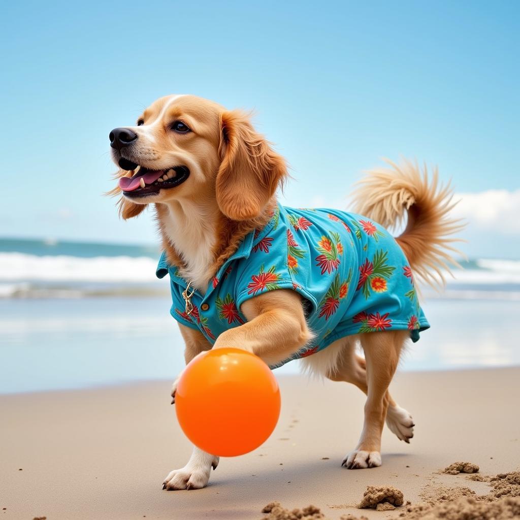 Dog in Hawaiian Dress on the Beach