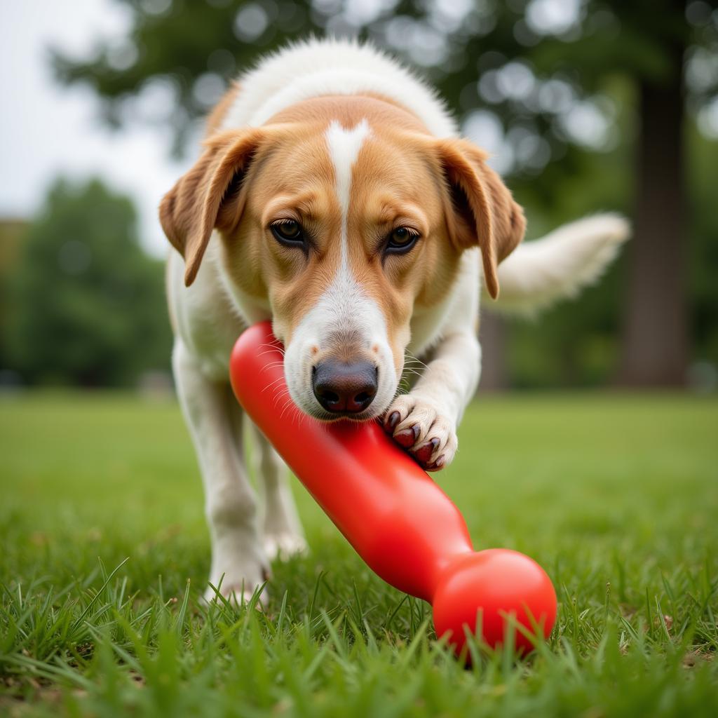 Dog Playing Safely with Plastic Hot Dog Toy